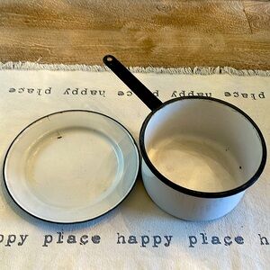 Vintage Porcelain Enamel Handled Pot & Plate